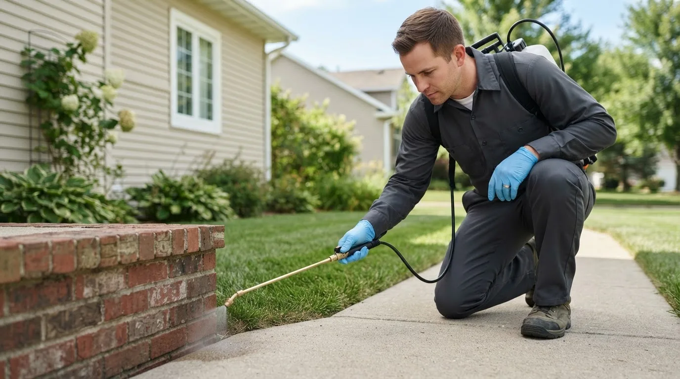 Pest control technician treating a home near Tohatchi, NM